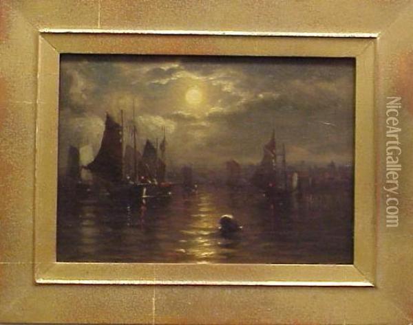Moonlit Bay With Sailing Ships Oil Painting - George W. Waters