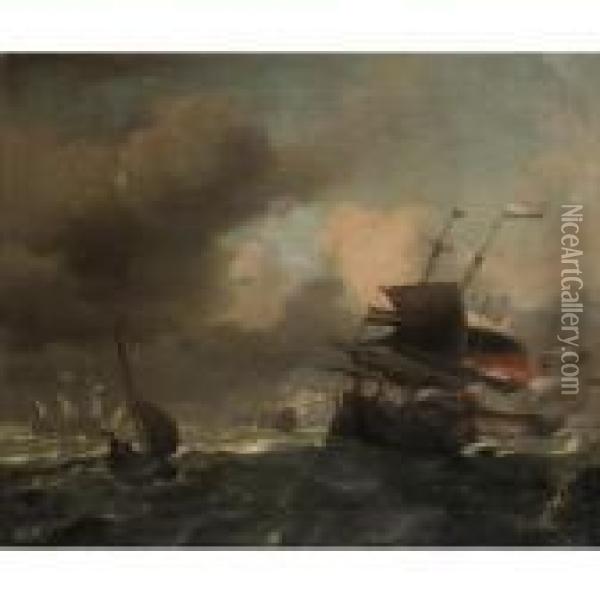 Dutch Two-deckers In A Gale Oil Painting - Ludolf Backhuysen