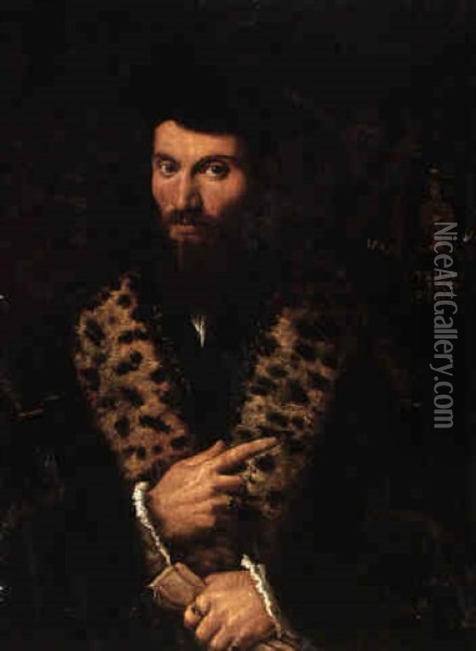 Portrait Of A Cleric Wearing A Black Costume Pointing To A Clock Oil Painting -  Girolamo da Carpi