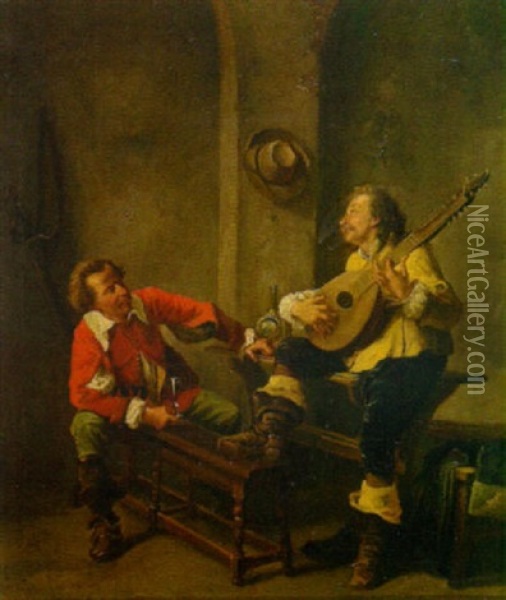 Zwei Landsknechte Des 17. Jahrhunderts Bei Mandolinspiel Und Wein In Der Schenke Oil Painting - Alexandre Marie Guillemin