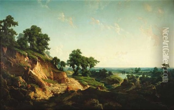 Blick In Eine Weite Landschaft Mit Flusauen (oberrhein?) Oil Painting - Carl Roux