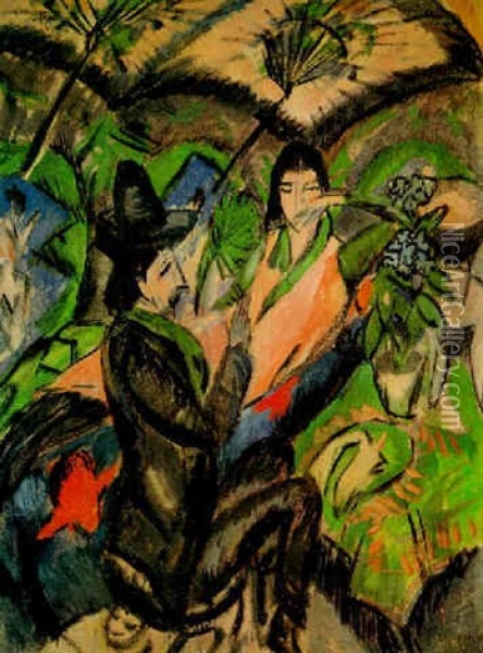Recto: Paar Unter Dem Japan Schirm                          Verso: Landschaft Mit Drei Figuren Oil Painting - Ernst Ludwig Kirchner