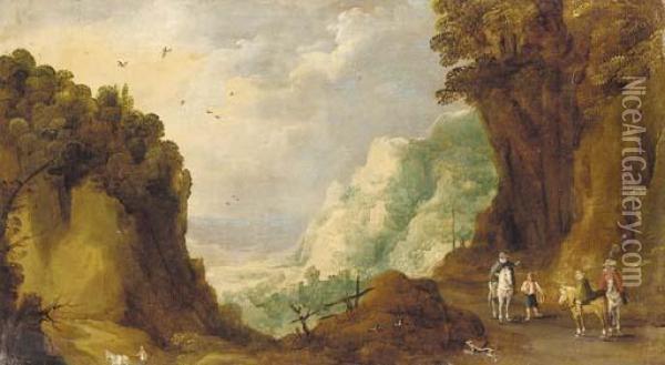 An Extensive Rocky Landscape With Travellers On A Track, A Valley Beyond Oil Painting - Joos De Momper