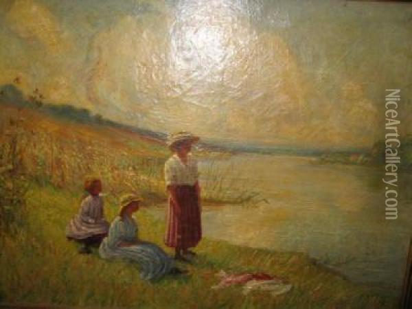 Three Ladies By A Lake Oil Painting - Gabriel Harrison