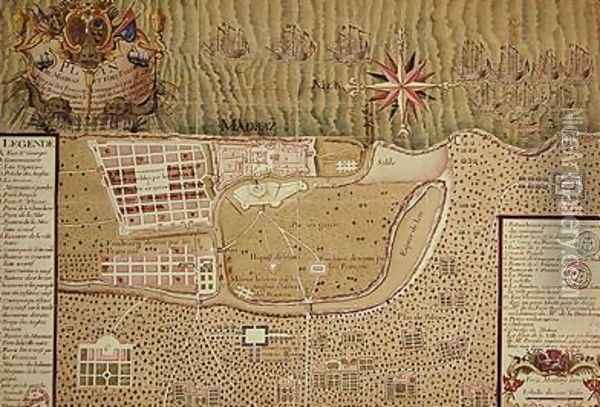 Map of Madras at the time of the capture of the town and Fort of St George in 1746 by the French under the command of Mahe de la Bourdonnais 1750 Oil Painting - Maurille Antoine Moithey