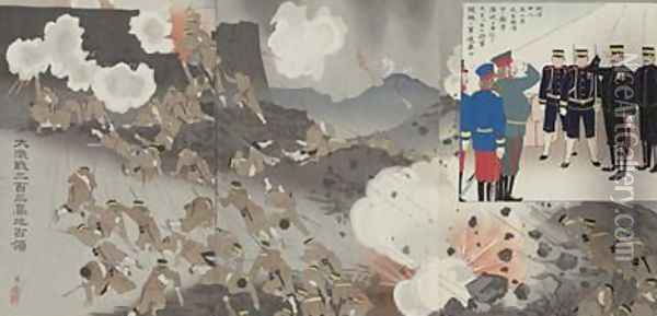 Great Battle for the Occupation of the 203 metre Hill Dai nihyakusan kochi senryo Meiji era Oil Painting - Kiyochika Kobayashi