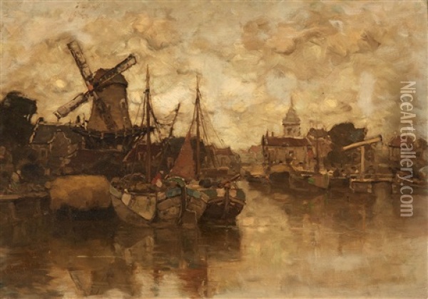 View Of A Dutch Harbor City Oil Painting - Ludwig Munthe