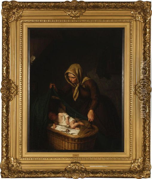 Mother Adjusting A Blanket Over A Sleeping Child's Crib In An Interior Oil Painting - John Gast