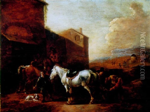 Figures Shoeing A Horse Ouside A Walled Town Oil Painting - Simon Johannes van Douw