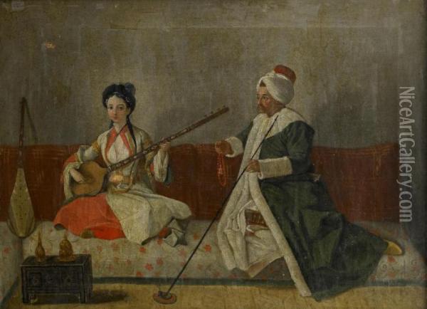 M.levett And Mlle Glavani Seated On A Sofa Oil Painting - Etienne Liotard