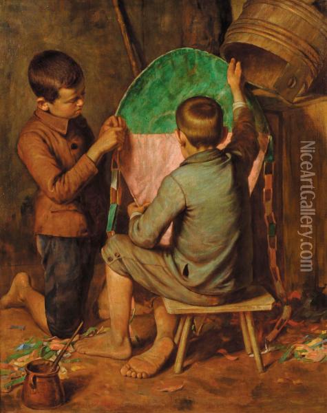 Bambini Che Costruisconoaquilone Oil Painting - Luigi Bechi