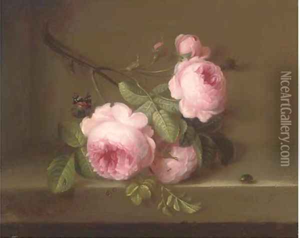 Roses on a ledge, a butterfly and a beatle Oil Painting - Cornelis van Spaendonck