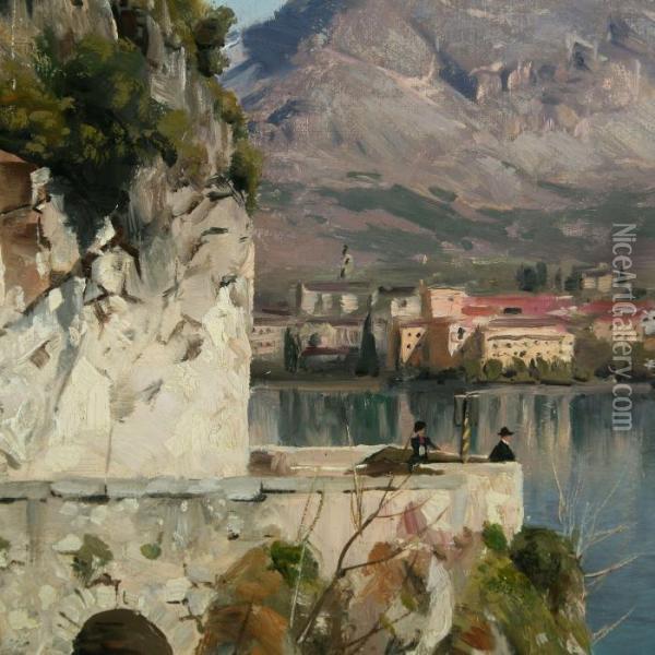 Coastal Scenery At Riva Del Garda, Spring Oil Painting - Peder Mork Monsted