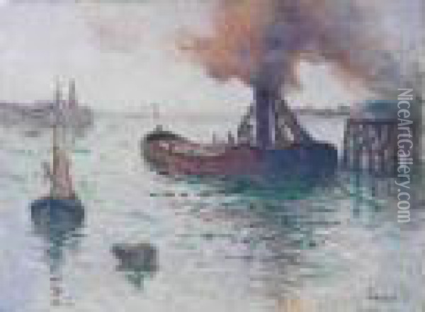 Remorqueur Et Peniches
 Dans Le Port De Dieppe Oil Painting - Maximilien Luce