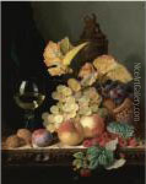 Still Life With Peaches, Plums, Grapes And Walnuts On A Carvedtable With A Wine Glass Oil Painting - Edward Ladell