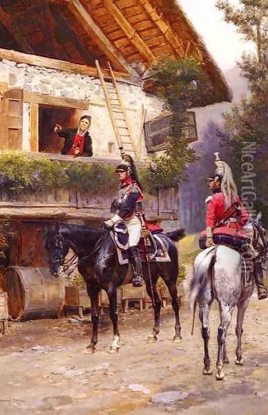 Officers from a Cuirassier Regiment in front of a Country House Oil Painting - Jean Baptiste Edouard Detaille