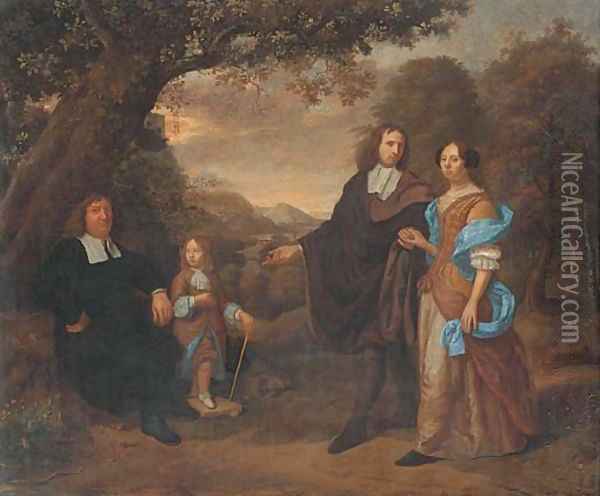 A group portrait of a family in a wooded landscape Oil Painting - Daniel Haringh