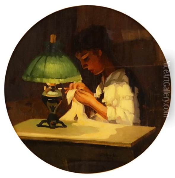 Sewing At The Lamp Light Oil Painting - Ipolit Strambulescu (Strambu)