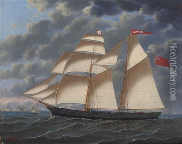 The Brigantine Raven In Full Sail Off A Northern European Port Oil Painting - John Frederick Loos