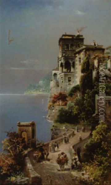Promeneurs Pres D'une Villa Italienne En Bord De Mer Oil Painting - Robert Allot