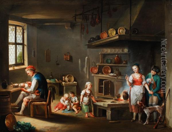 Bauernfamilie Und Ein Jager In Der Kuche Oil Painting - Johann Andreas Herrlein