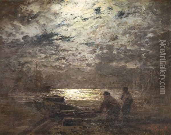Ufer Mit Fischern Bei Mondschein Oil Painting - Louis Douzette