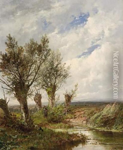 Vast Dutch Landscape With A Hunter Under Pollarded Willows Oil Painting - Josephus Gerardus Hans