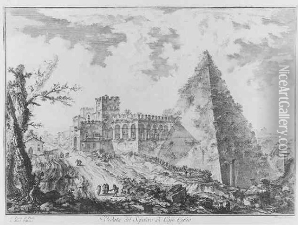 The Pyramid Of Caius Cestius, With The Porta S. Paolo And Adjoining Road (h. 35) Oil Painting - Giovanni Battista Piranesi