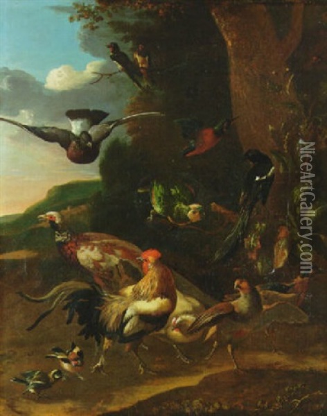 A Cockerel, A Hen, A Gold Finch And Other Birds In A Landscape Oil Painting - Barend van der Meer