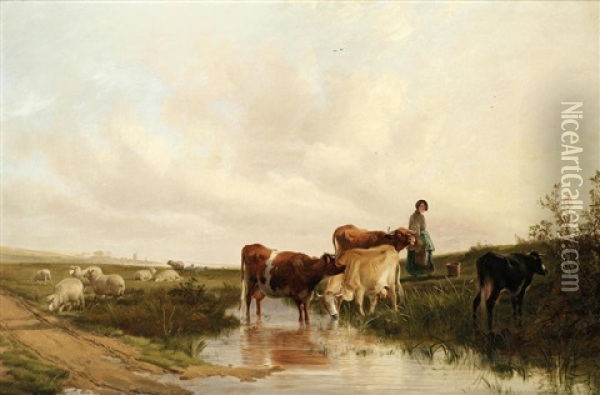 Landscape With Sheep And Cattle At A Stream Oil Painting - Thomas Sidney Cooper