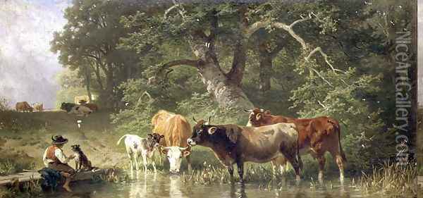 Cattle watering at a woodland pond, 1881 Oil Painting - Friedrich Johann Voltz