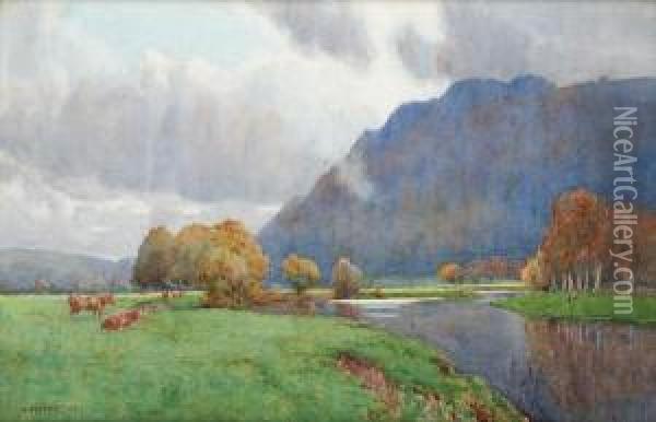 Cattle Grazing In A River Valley Oil Painting - Willie Stephenson