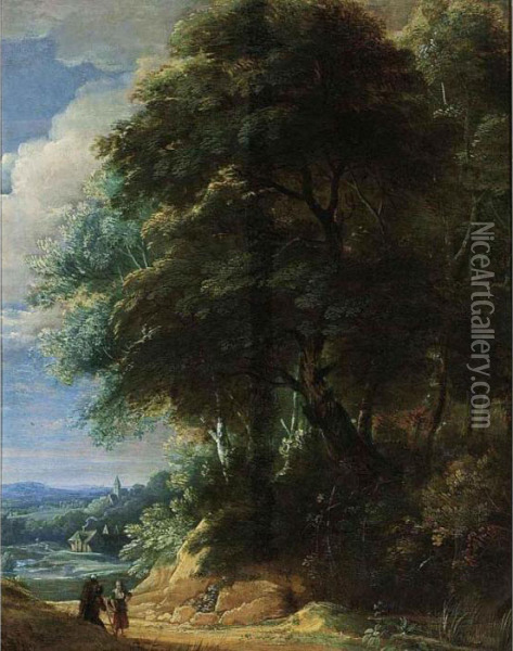 A Wooded Landscape With Two Travellers Conversing On A Path Oil Painting - Jacques D Arthois