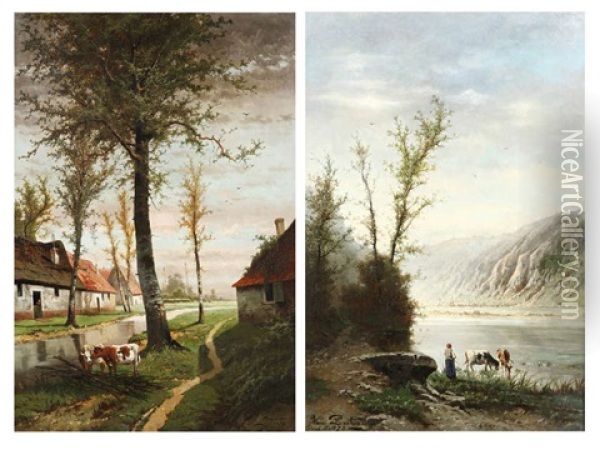 Vaches Au Bord De La Meuse - Souvernir De Waasmunster (pair) Oil Painting - Henri Joseph Pieron