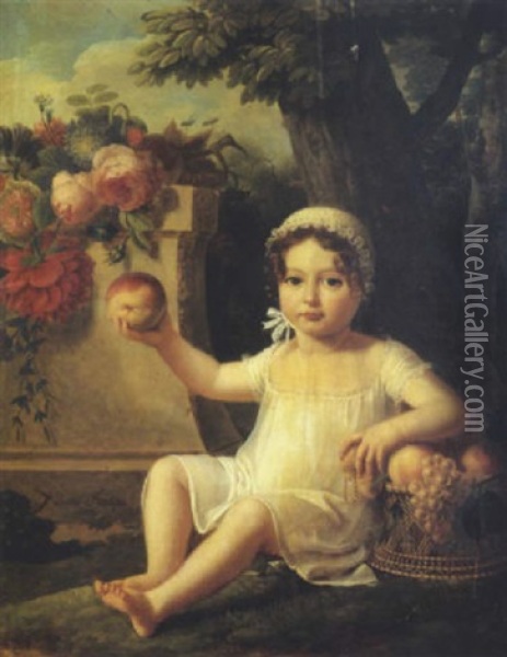 Portrait D'enfant A La Corbeille De Fruits Dans Un Paysage Oil Painting - Lucille Foullon