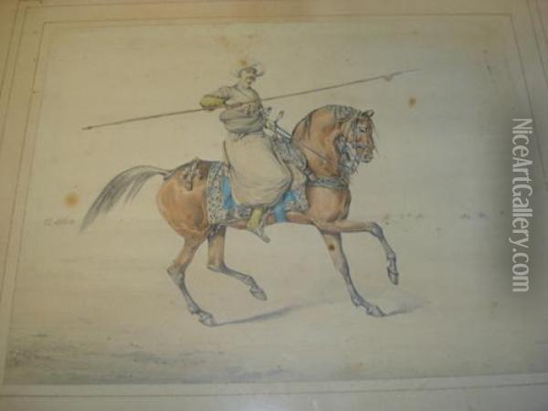 Ottoman Rider Holding A Lance, Together With Another Similar Oil Painting - Henry Thomas Alken