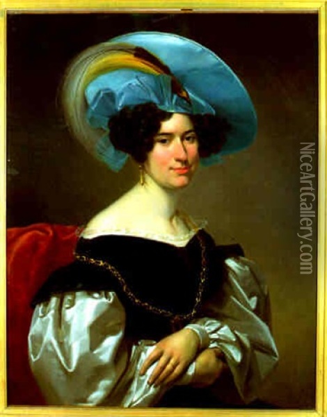 Portrait D'une Jeune Femme Au Chapeau Bleu Garni D'un Oiseau De Paradis Oil Painting - Francois Etienne Hersent