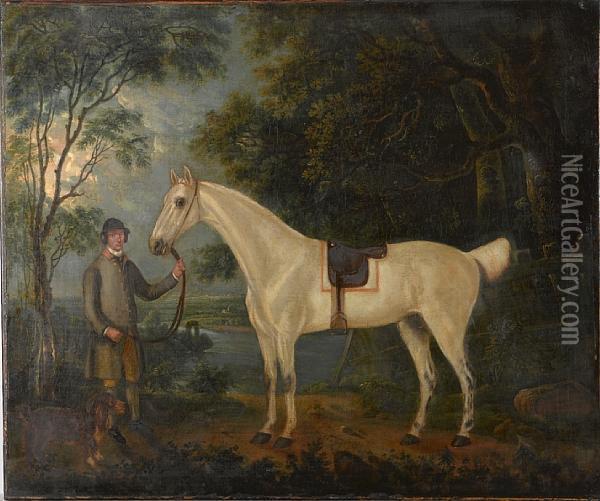 A Grey Hunter With Groom And Spaniel In A Landscape Oil Painting - J. Francis Sartorius