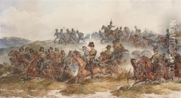 The Crimean War: The Royal Horse
 Artillery Bringing Their Guns Into Action, An Officer At The Centre Oil Painting - Orlando Norie