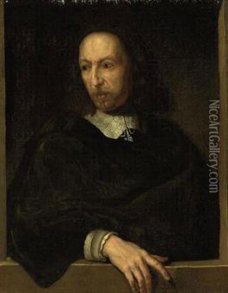 Self-portrait Of The Artist, 
Half-length, In A Black Cloak, Hisright Hand Resting On A Ledge Oil Painting - Philippe de Champaigne