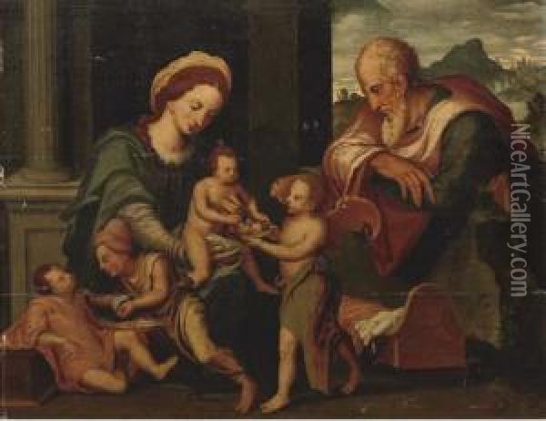 The Holy Family With Saint Simon And Saint James Oil Painting - Vincent Sellaer