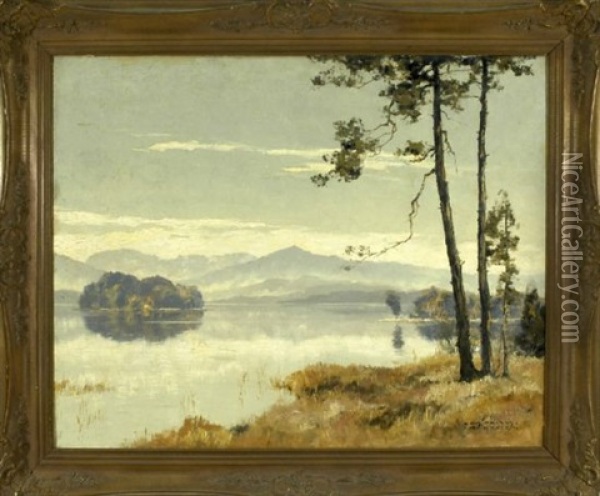 Partie Am Grosen Ostersee Mit Zwei Kleinen Inseln Und Den Alpen Im Hintergrund Oil Painting - Hans Maurus