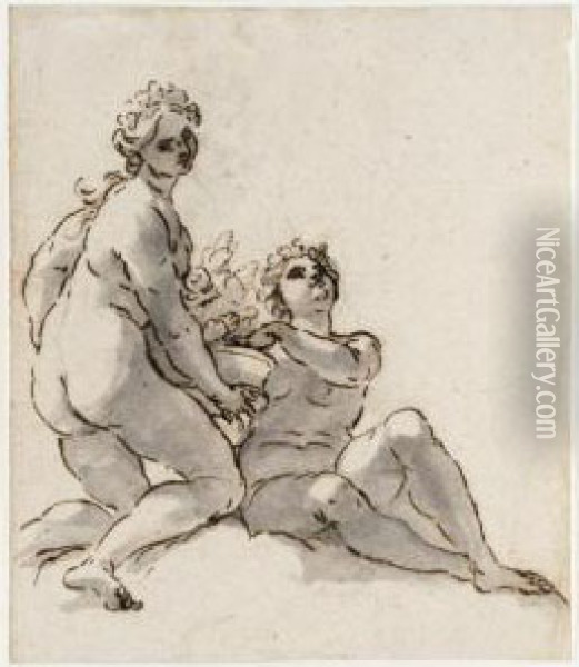 Two Nude Female Allegorical Figures Holding A Vase With An Orange Plant Oil Painting - Giovanni Battista (Baciccio) Gaulli