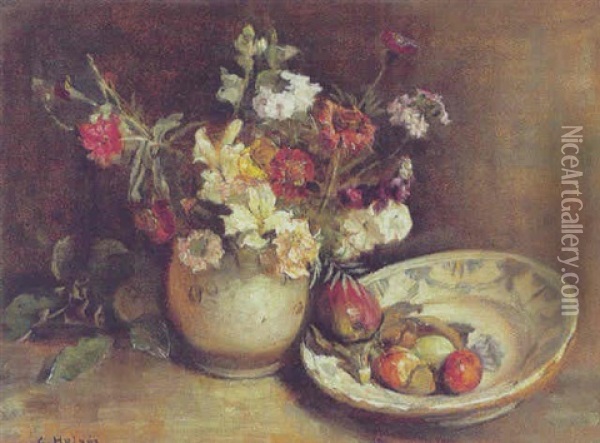 Opstilling Med Blomster I En Krukke Og Frugter I En Skal Oil Painting - Carl Vilhelm Holsoe