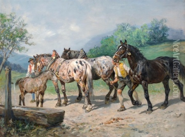 Pferde An Der Tranke Oil Painting - Julius von Blaas