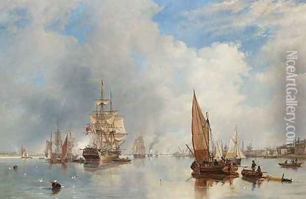 On the Thames at Woolwich, with the 'Buckinghamshire' Indiaman going down the river 1842 Oil Painting - James Wilson Carmichael