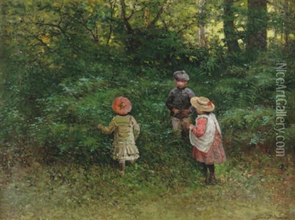 Lekande Barn I Skogsglanta Oil Painting - Johan Severin Nilsson
