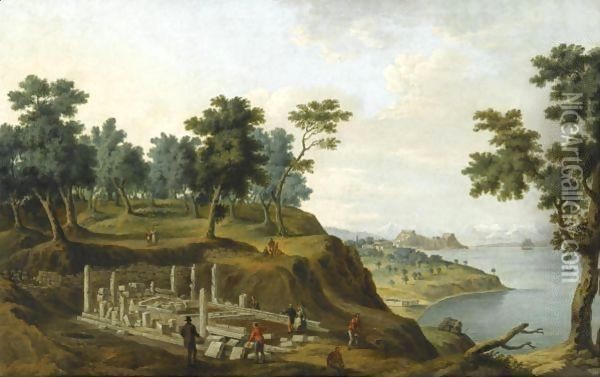 Figures Among The Ruins Of The Temple Of Artemis With The Citadel In The Distance, Corfu Oil Painting - Anton the Younger Schranz