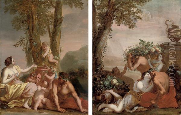 A Bacchanal; And An Amorous Couple With Putti Disporting Oil Painting - Louis Dorigny