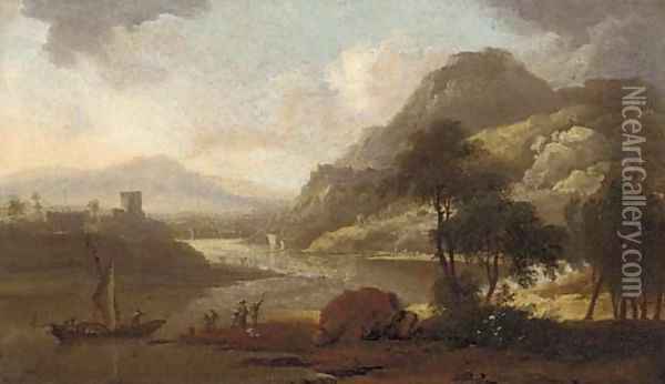 A Rhenish river landscape with figures by a boat Oil Painting - Adriaen Van Diest